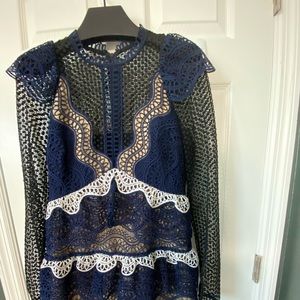 SOLD! Navy blue, lace, Mini, nude lining, cocktail dress